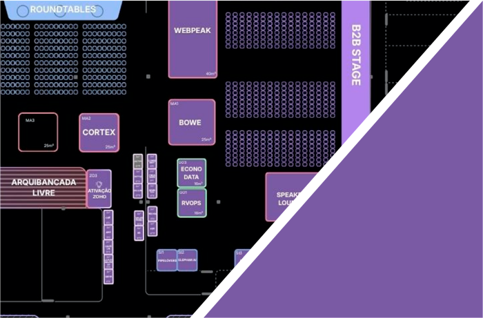 Mapa do B2B Summit 2026 com a localização do estande da Rvops (G01)