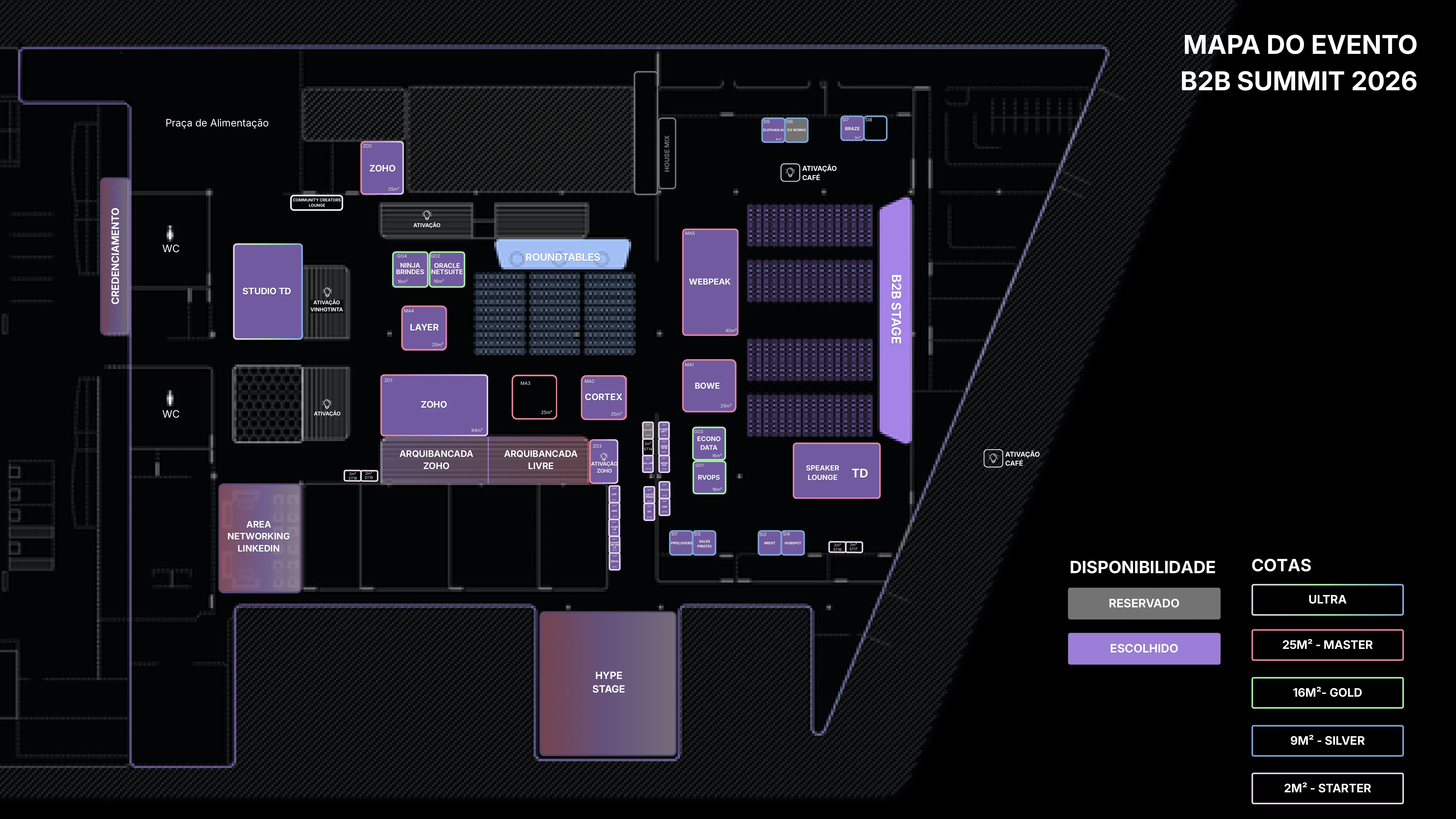 Mapa do evento B2B Summit 2026 com a localização do estande da Rvops (GO1)