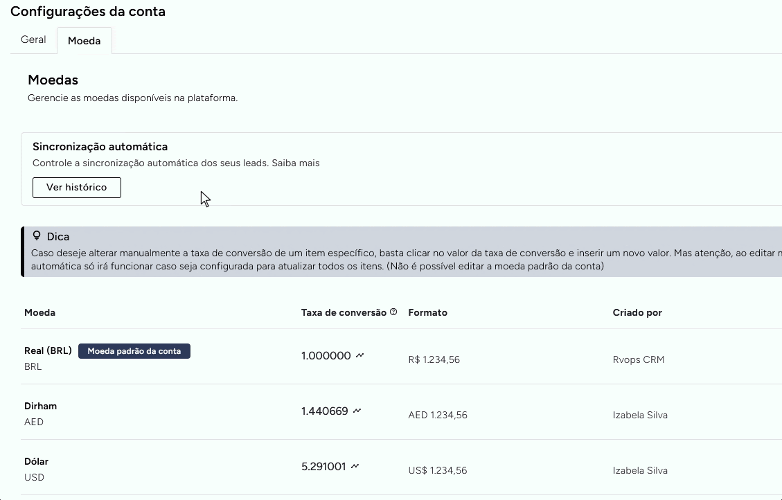 Configurações gerais e multimoeda