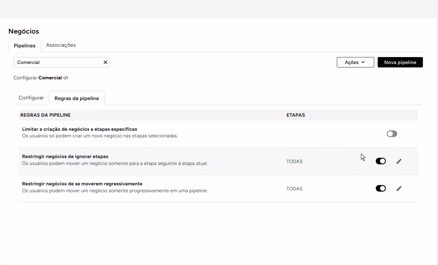 Demonstração de permissões e regras do pipeline no CRM da Rvops, com controle de acesso e etapas